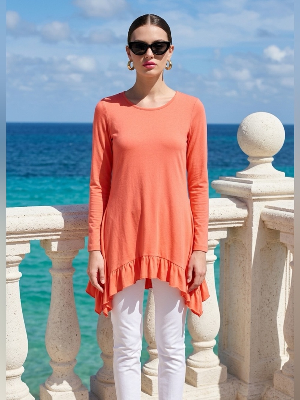 DG2 by Diane Gilman Women’s Casuel Spring Coral Ruffle Hem Tunic Top Size Small